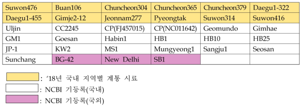 SYMMV CP 유전자 분석에 사용한 국내 및 국외 계통