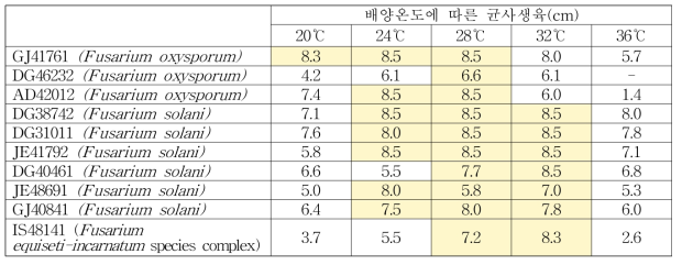 2018년 수집균주의 배양온도에 따른 균사 생육