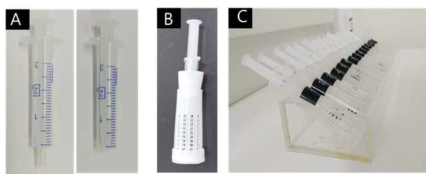 Photographs of trial materials for acute toxicity tests: A, feeding devices ((left) a syringe with a tip), (right) a syringe without a tip); B, a single housing cage; C, a trial setup (the rack is inclined to the syringes for ad libitum feeding)