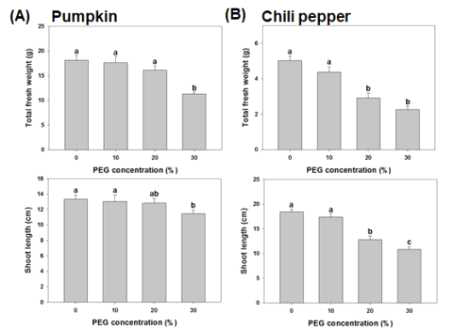 Total fresh weight and shoot length of pumpkin(A) and pepper(B) plants drenched with various concentrations (0, 10, 20, and 30%, ml/g of potting mixture) of PEG. Small letters on the bar indicated statistical difference by LSD; error bars mean standard errors