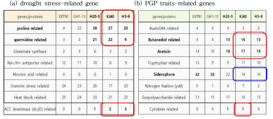 Number of genes related to drought stress(a) and PGP traits(b)