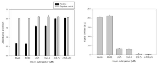 Primer 농도별 등온비색 증폭기술 증폭산물에 대한 발색 결과 흡광도 (좌), Signal to noise (우)