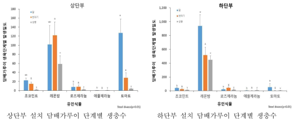 허브 식물의 설치 위치에 따른 담배가루이 생육단계별 생충수(토마토 재배 하우스) (조사기간: 2020. 8. 4.∼9. 28.)