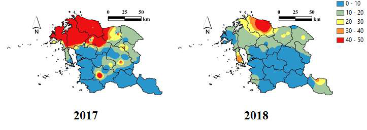 충남지역 미국선녀벌레 알 밀도 Original data를 이용한 공간분포 (SADIE: 2017, Pa=0.0385, Ia=1.406; 2018, Pa=0.2564, Ia=1.102)