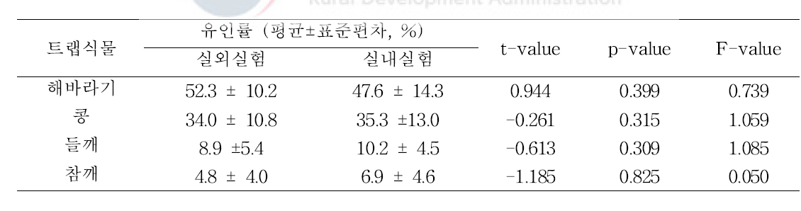 트랩식물 어린단계에서 실내와 실외 실험에서의 미국선녀벌레 유인률 비교