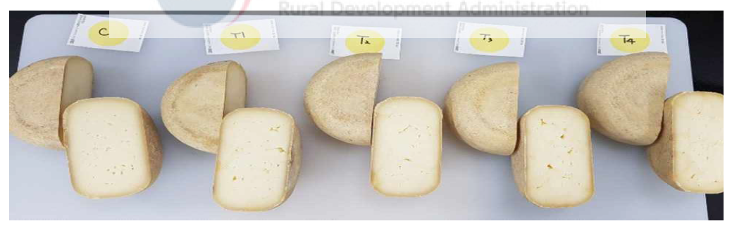 구기자 추출액 첨가 아시아고 치즈 단면 및 외관 * 왼쪽부터 C(대조구), T1(0.5% 첨가), T2(1% 첨가), T3(2% 첨가), T4(3% 첨가)