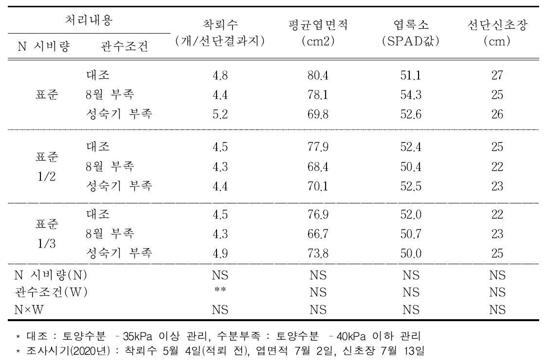 2019년 질소 시비량과 관수조건에 따른 이듬해 수체 생육