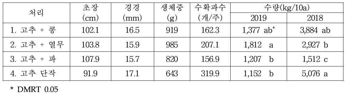 유기농 고추 간·혼작에 따른 고추의 최종생육과 수량(2019, 2018)