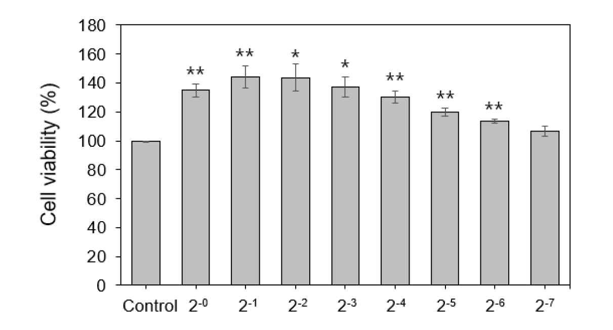 고구마 끝순 추출물의 를 이용한 세포 생존율 변화(쥐 대식세포 RAW 264.7 이용) (* p<0.05, ** P<0.01, ***P<0.001 compared with response sample t-test the cells treated with control MTT : methylthiazol-2-yl-2,5-diphenyl tetrazolium bromide.)