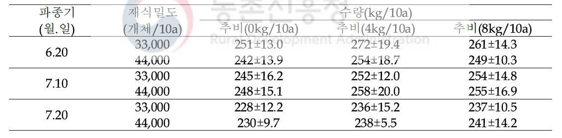 대풍2호의 수량성 비교(2019년, 수원)
