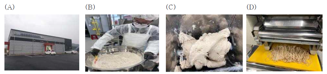 연천군 농산물종합가공센터에서 율무쌀국수 현장실증. (A)가공센터 전경 (B)재료 혼합하기 (C)반죽하기 (D)면 뽑기