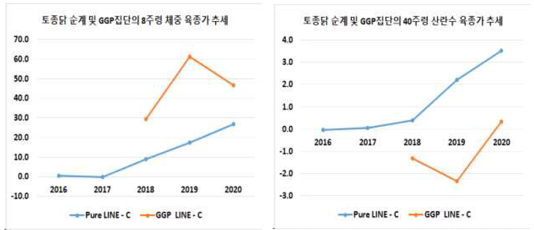 토종닭 순계 및 GGP집단의 C계통의 8주령 체중 및 40주령 산란수의 육종가 추세 ※ Pure Line-C: 토착종 로드아이랜드 C 순계 계통, GGP Line–C: 재래종 로드아일랜드 C GGP 계통