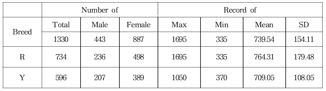 재래 계통 대상 8주령 체중(Body Weight) 정보에 대한 기초 통계량