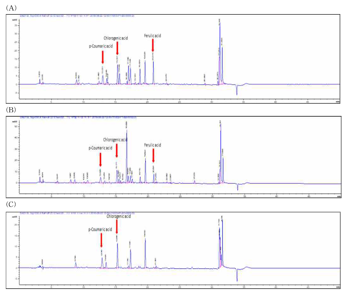 4년근 지하부 물질 분석 결과 (A) p-Coumaric acid, (B) chlorogenic acid, (C) ferulic acid