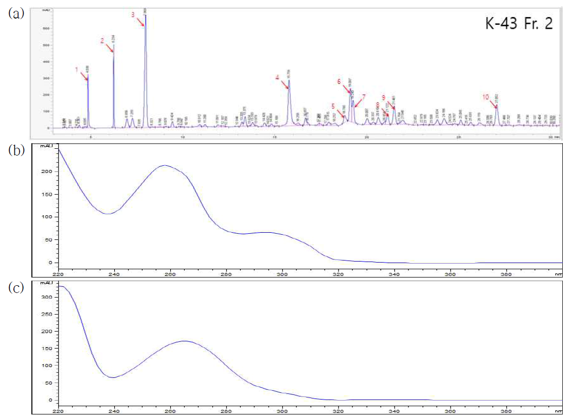 K-43 MCI fr.2 의 HPLC chromatogram 및 spectrum