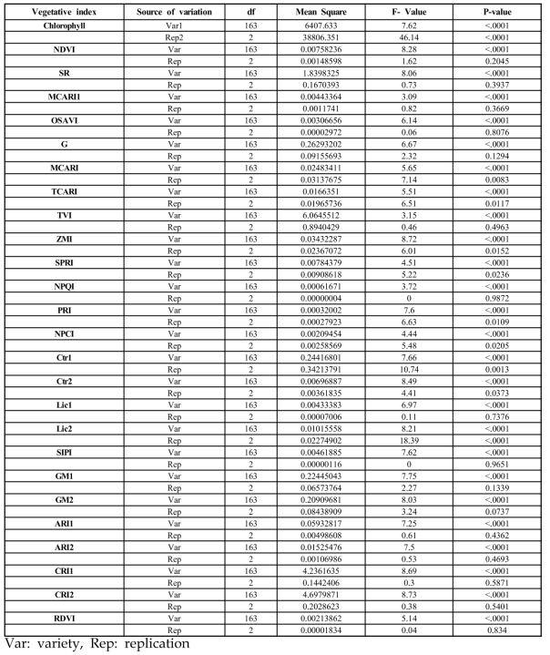 침수스트레스 처리 전 식생지수 분석결과