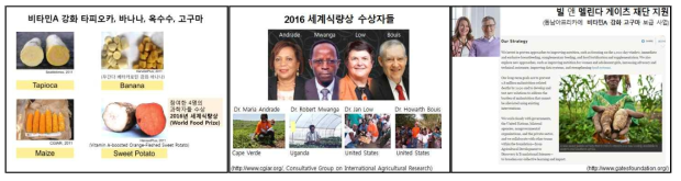 비타민 A 강화 작물들(좌), 2016년 세계식량상 수상자들(중) 및 게이츠 재단 지원 발표(우)