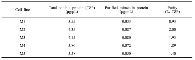 Quantification of miraculin protein from suspension cultured callus using modified methods by Bradford (1976)