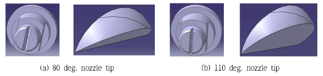 설계된 두 노즐 팁 및 출구부 초생달 모양 형상