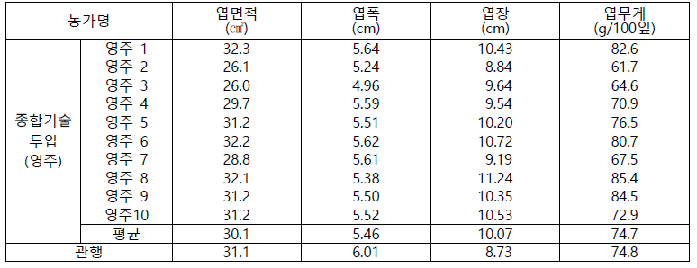 사과 수출 단지 종합기술 투입 1년차 실증농가의 엽 생육 상태