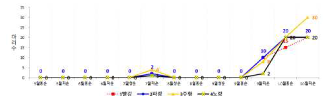 영주 점박이응애 발생 조사 (1빨강: 관행방제, 2파랑: 수출방제-1, 3주황: 수출방제 -2)