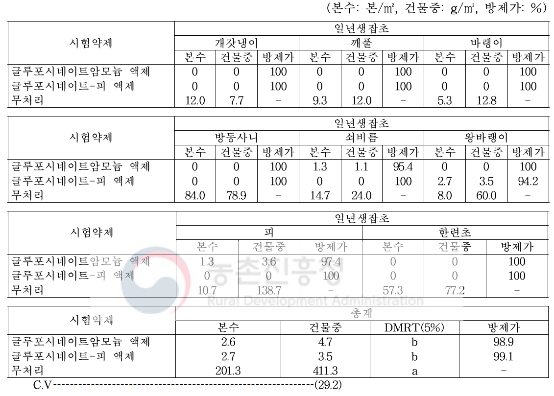 팥밭(휴간) 비선택성 제초제 처리 20일 후 일년생잡초 방제효과(대구)