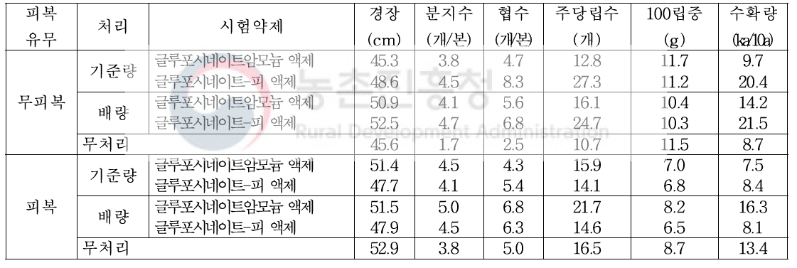 팥밭(휴간) 비선택성 제초제 처리에 따른 후기생육 및 수확량(밀양2)