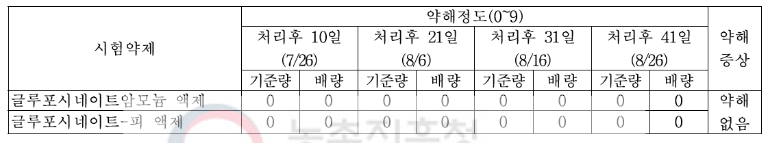 대구지역 2019년 약제살포 후 약해정도 및 약해 증상