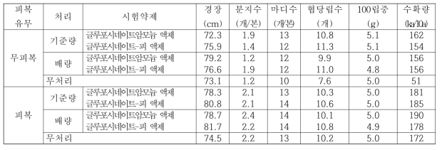 녹두밭(휴간) 비선택성 제초제 처리에 따른 후기생육 및 수확량(대구)