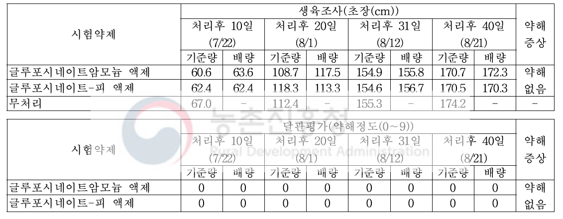 기장밭(휴간) 비선택성 제초제 처리에 따른 약해(피복재배)(밀양)(2018)