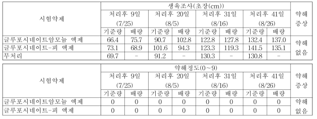 조 밭(휴간) 비선택성 제초제 처리에 따른 약해(무피복, 대구)(2019)