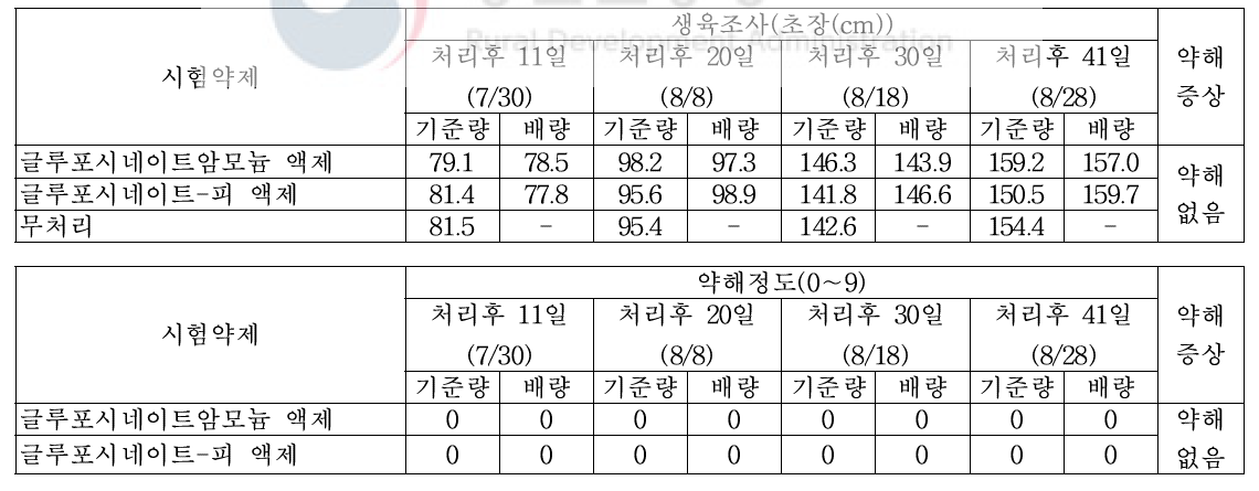 조 밭(휴간) 비선택성 제초제 처리에 따른 약해(피복, 대구)(2018)