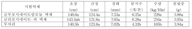 조 밭(휴간) 비선택성 제초제 처리에 따른 약효 처리구 수확기 생육 및 수량(밀양)