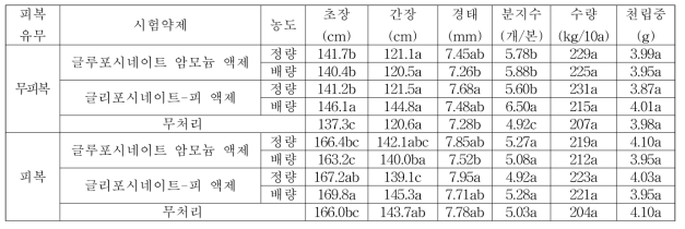 조 밭(휴간) 비선택성 제초제 처리에 따른 약해 처리구 수확기 생육 및 수량(밀양)