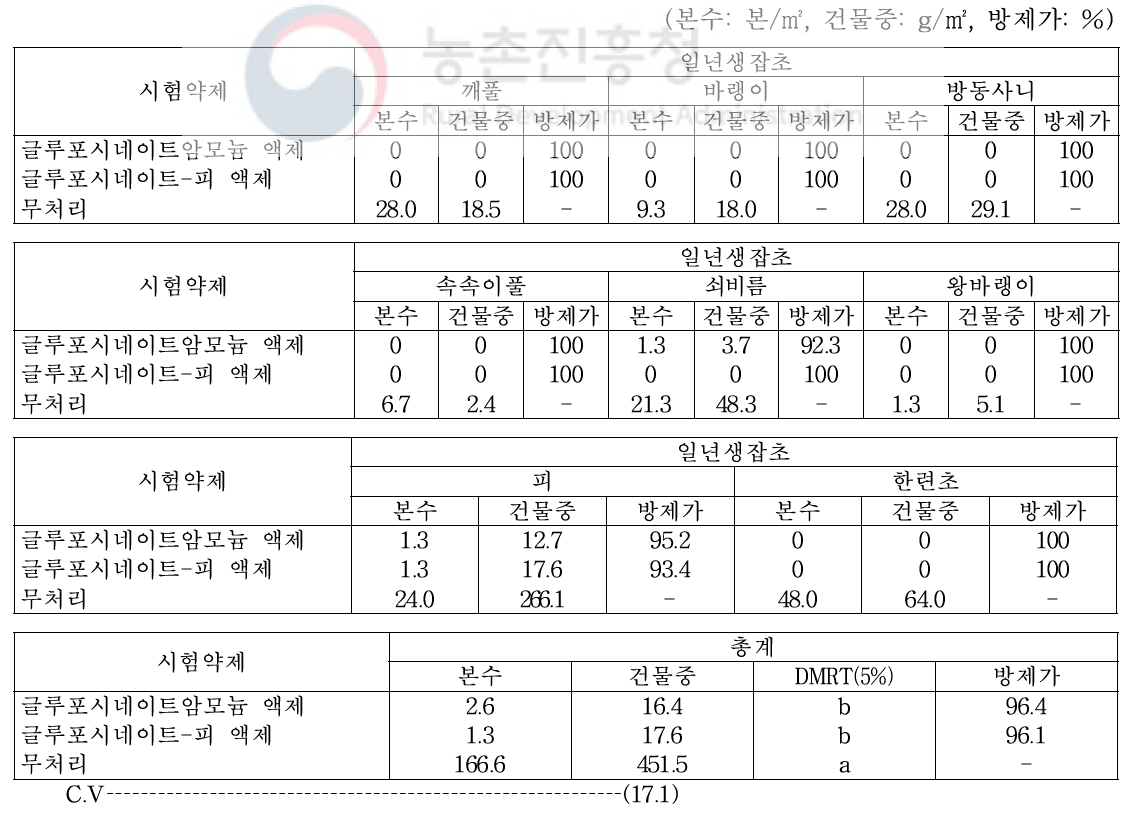 수수밭(휴간) 비선택성 제초제 처리 20일 후 일년생잡초 방제효과(대구)(2019)