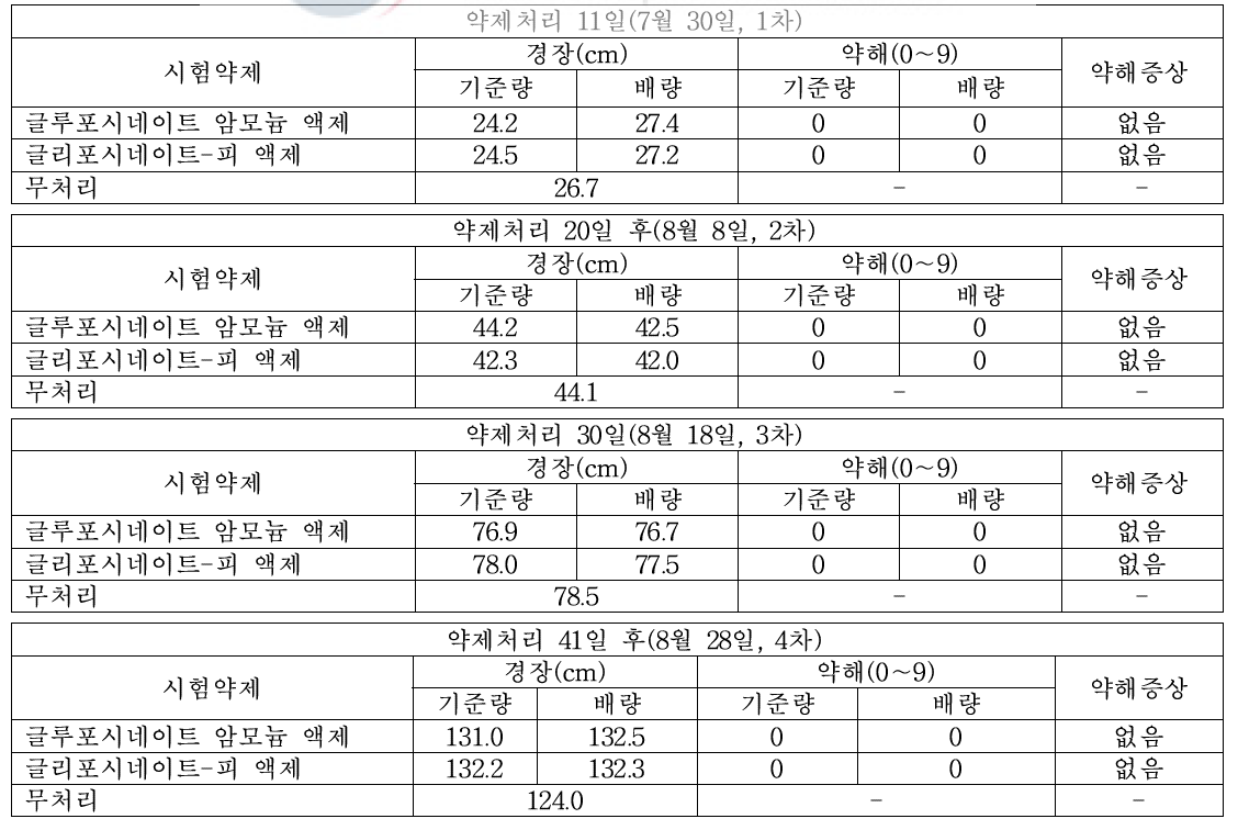 들깨 밭(휴간) 비선택성 제초제 처리 후 10～40일 들깨 생육 및 약해 유무(2019, 식량원 밀양 피복)