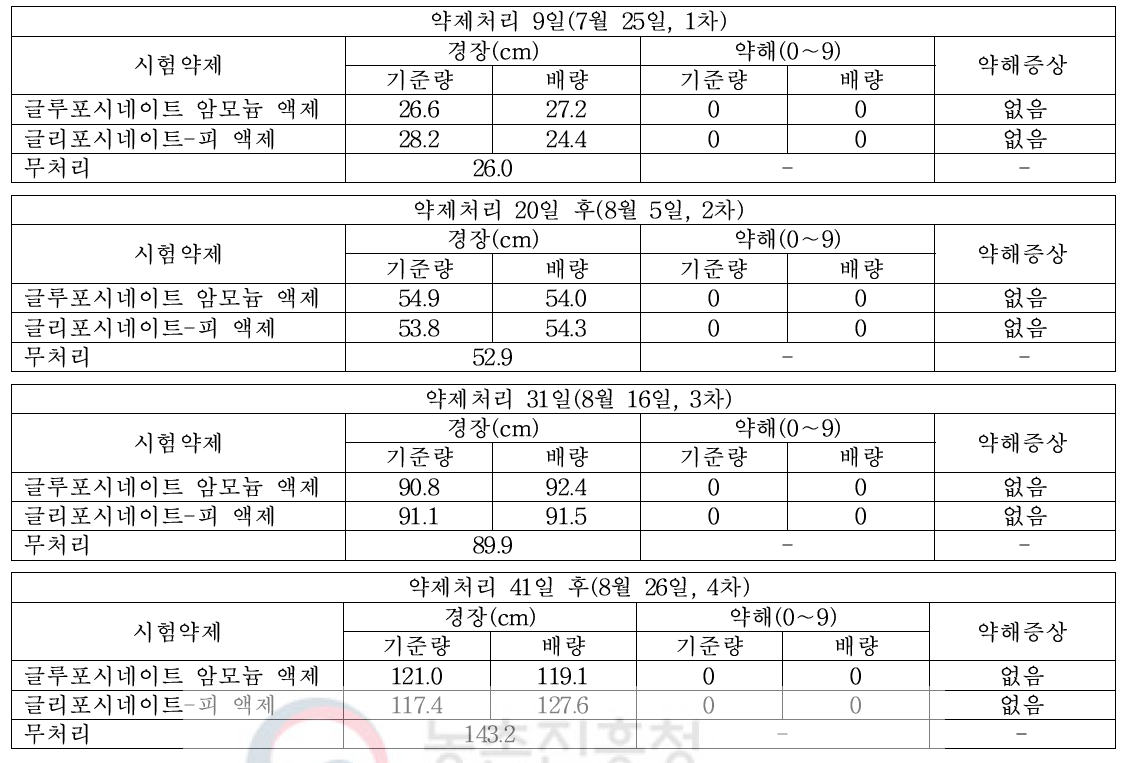 들깨 밭(휴간) 비선택성 제초제 처리 후 10～40일 들깨 생육 및 약해 유무(2019, 식량원 대구 피복)