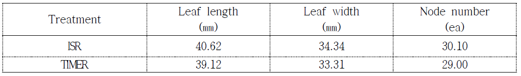 급액제어방식에 따른 엽장, 엽폭 및 마디수