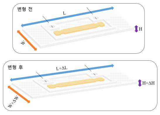 전도성 액체-탄성체 기반 센서의 변형 전후