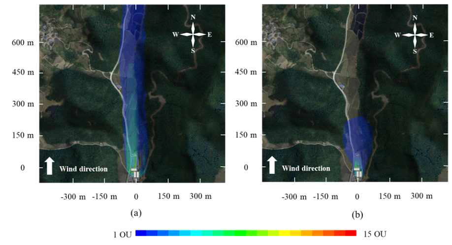 대기안정도 조건에 따른 축산냄새 확산거리 (a) 대기안정도 : 안정, (b) 대기안정도 : 불안정 (풍향 : 남풍, 풍속 : 1.5 m s-1, 환기방식 : 측벽배기팬)