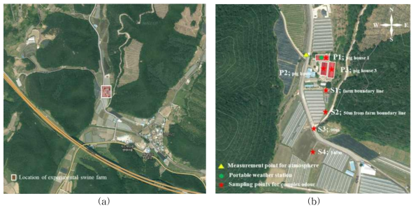 실험양돈장 주변 지형 및 환경변수의 모니터링 위치 (a) 양돈장 주변 산악지역 분포 및 (b) 외부 축산냄새 확산을 모니터링하기 위한 축산냄새 포집 장치의 설치 위치