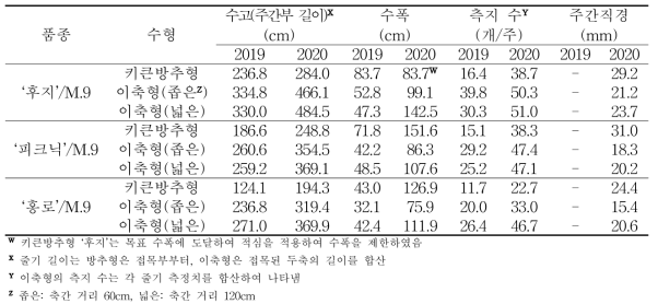 기계화 유망 수형의 연차에 따른 수체 생육