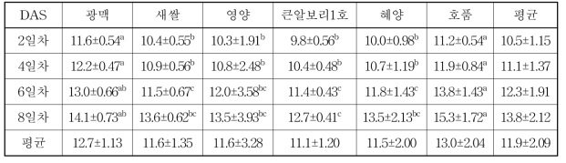 사료용 새싹보리 품종별 재배기간에 따른 조단백질 함량(%)