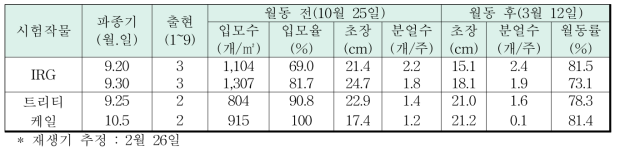 월동 전·후 생육조사 결과