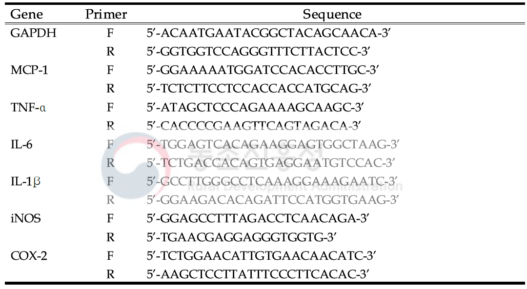염증반응 관여 유전자 발현 억제평가에 사용된 primer 정보