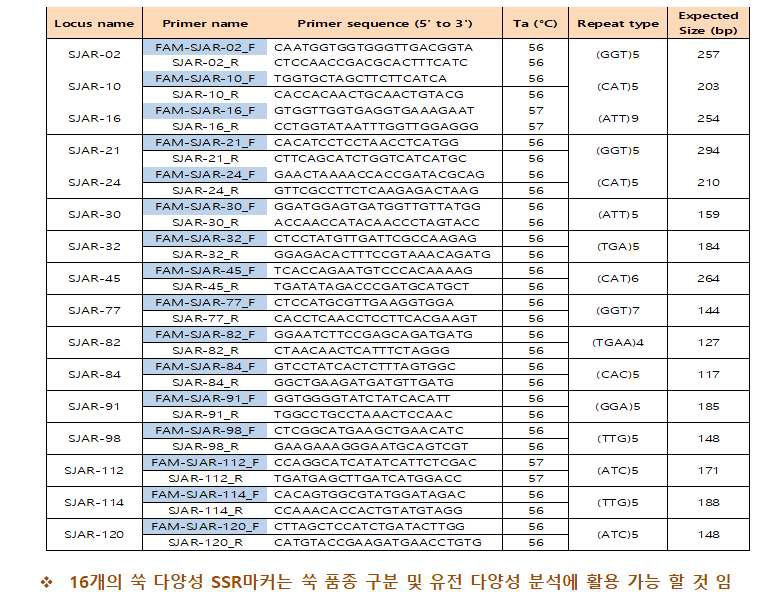 SSR마커 염기서열 정보 (16종)