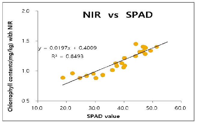 복숭아 엽 엽록소 지수의 비파괴측정과 SPAD 측정값 간의 회귀분석