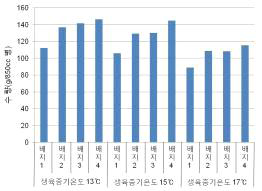 느티만가닥버섯 배지 및 생육온도별 수확량 (850cc 기준)