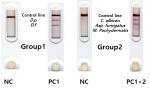 POCT kit response to multiple respiratory/contact allergens Control line: Rabbit anti-goat IgG Test line: Group1 D.p.(D. pteronyssinus) D.f.(D. farina) Group2 Candida albicans Aspergillus fumigatus M. pachydermatis Conjugate: Goat anti-canine IgE IgG-gold NC: Normal Serum(NC) PC1: Canine anti-D.p., D.f. IgE(+) serum(PC1) PC1+2: Canine anti-C. albicans, Asp. Fumigatus & M. pachydermatis IgE(+) serum(PC1+PC2)