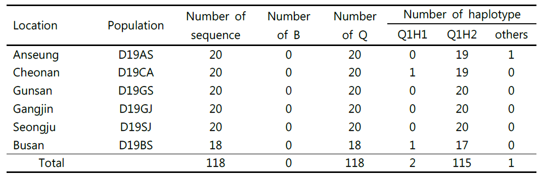 Biotype and haploptype composition of Korean B. tabaci population in 2019